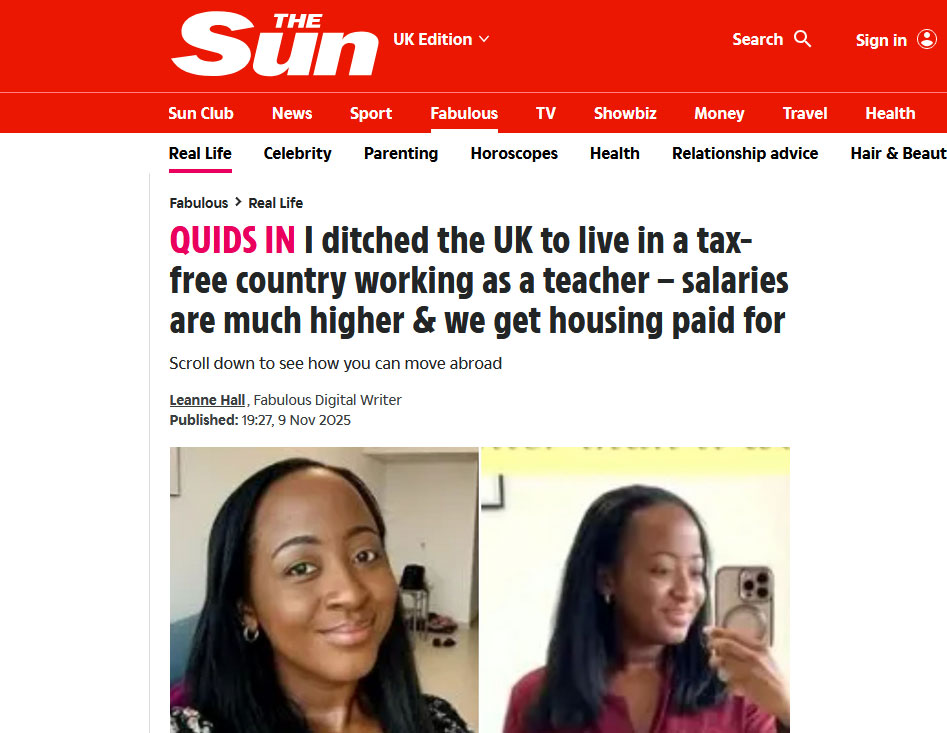The Sun – “I ditched the UK to live in a tax-free country” (9th November 2025)